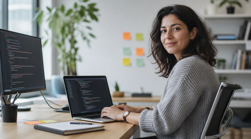 Web developer at a desk with laptop and external monitor