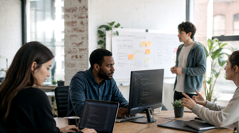 Creative software team collaborating around a desk in a bright studio