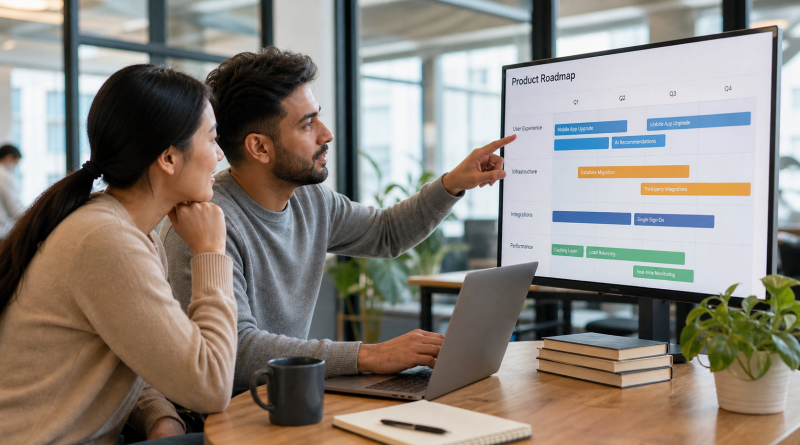 Two product developers reviewing a software roadmap on a large monitor