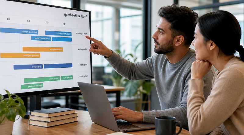 Product team comparing software workflow ideas on a large monitor