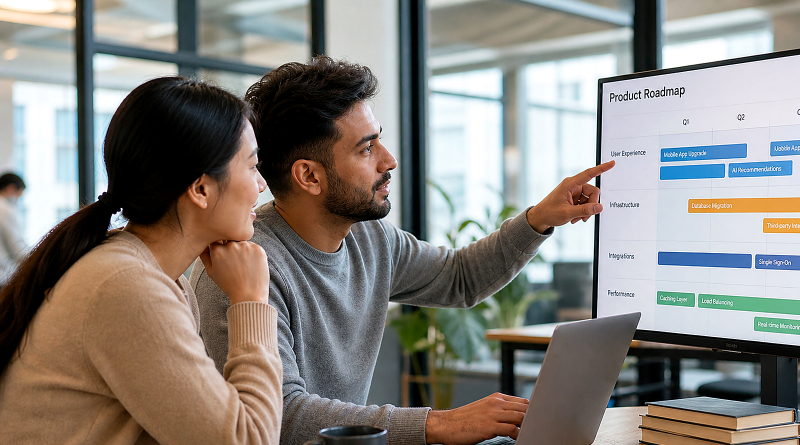 Product developers reviewing interface concepts on a large shared display