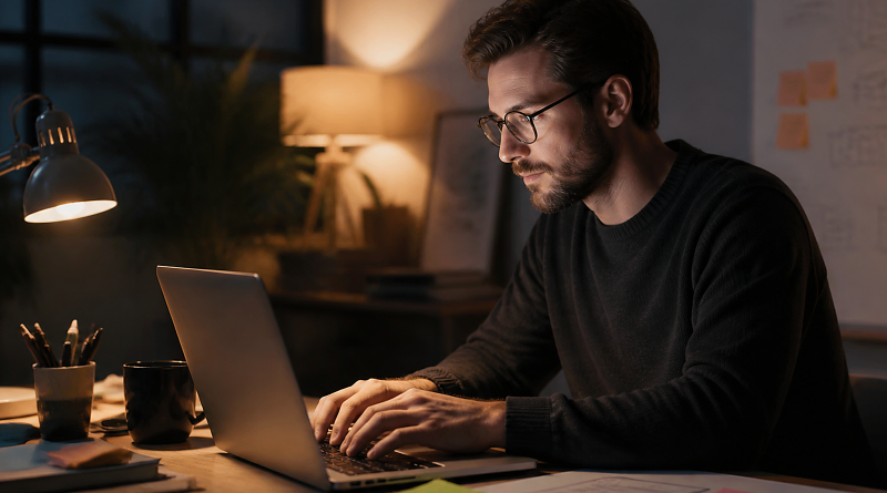 Person using a laptop in a quiet work session with audio playing
