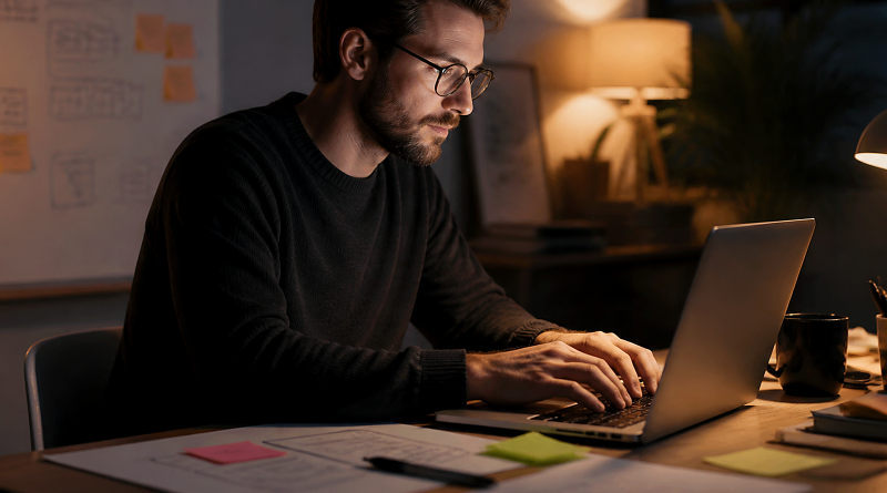 Person managing a secure digital workflow at a laptop