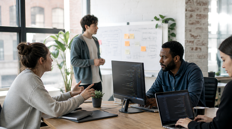 Software teammates reviewing digital workflow plans together