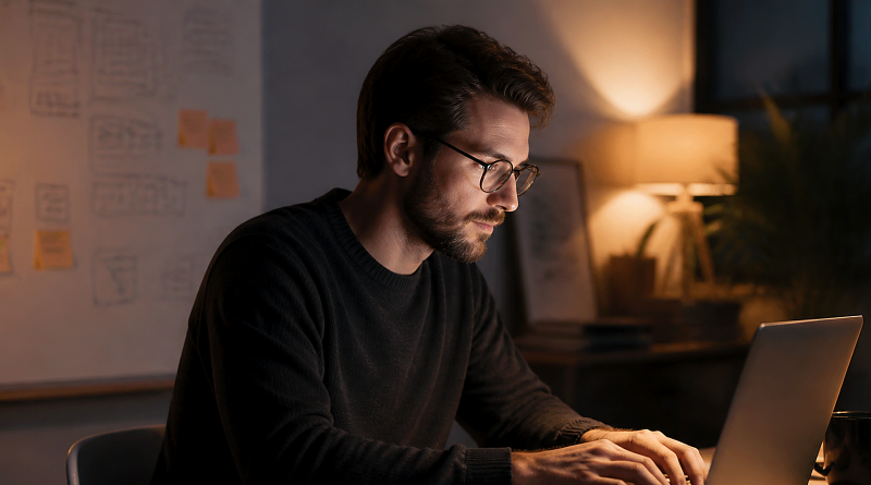 Developer working in a focused evening office environment