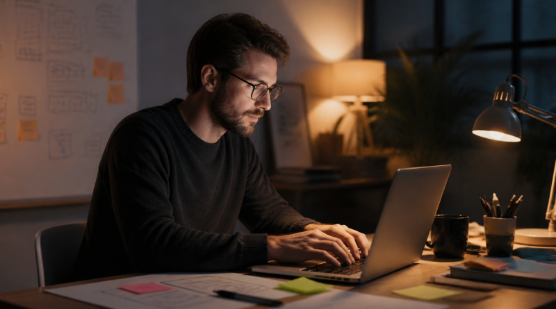 Developer working late with laptop and planning notes