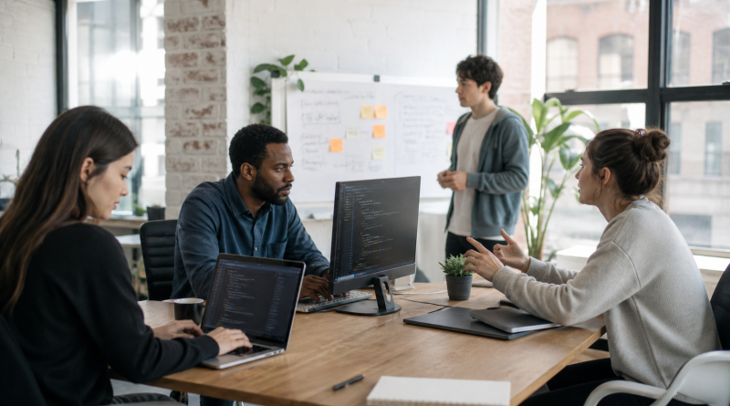 Software developers collaborating in a bright studio office